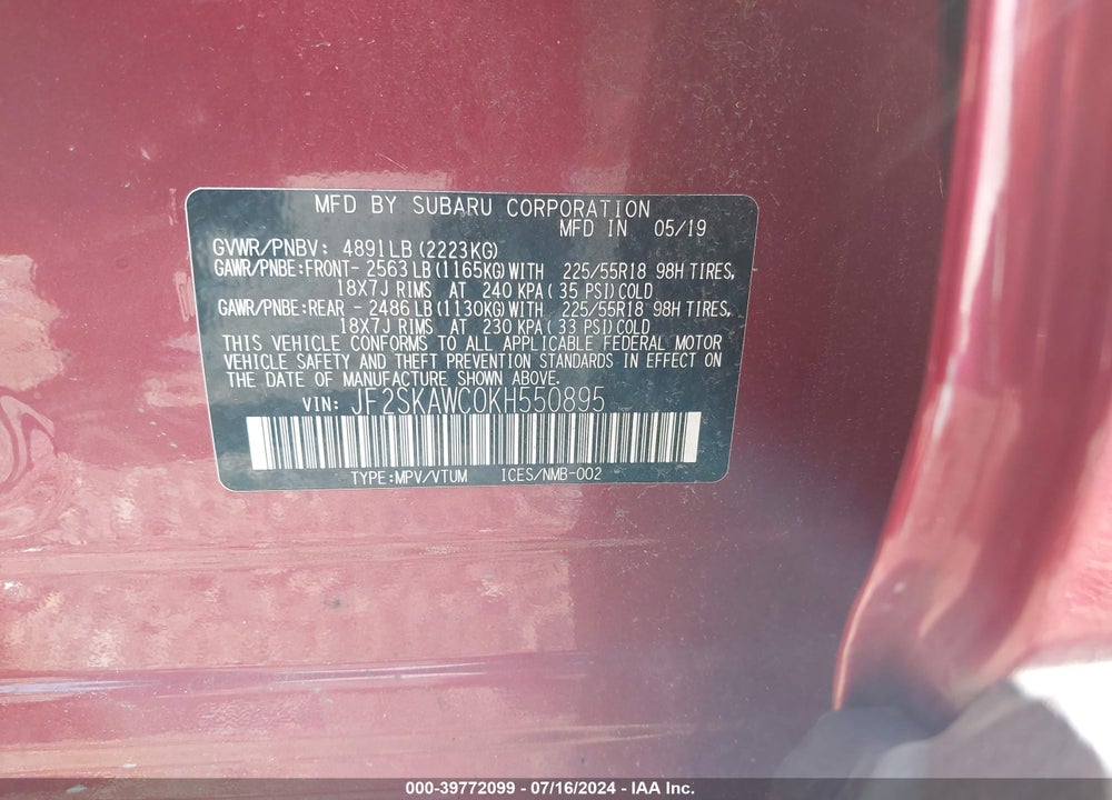 2019 SUBARU FORESTER TOURING VIN: JF2SKAWC0KH550895