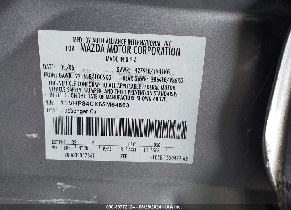2006 MAZDA 6 I SPORT VIN: 1YVHP84CX65M64663