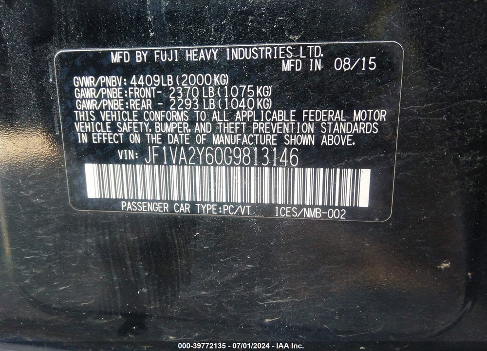 2016 SUBARU WRX STI LIMITED VIN: JF1VA2Y60G9813146