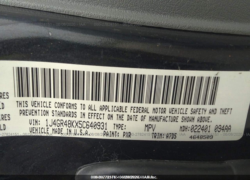 2005 JEEP GRAND CHEROKEE LAREDO VIN: 1J4GR48KX5C640931