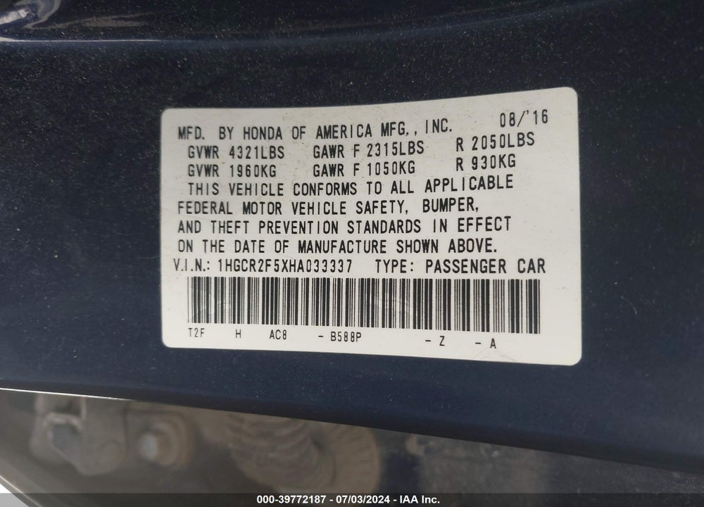 2017 HONDA ACCORD SPORT VIN: 1HGCR2F5XHA033337