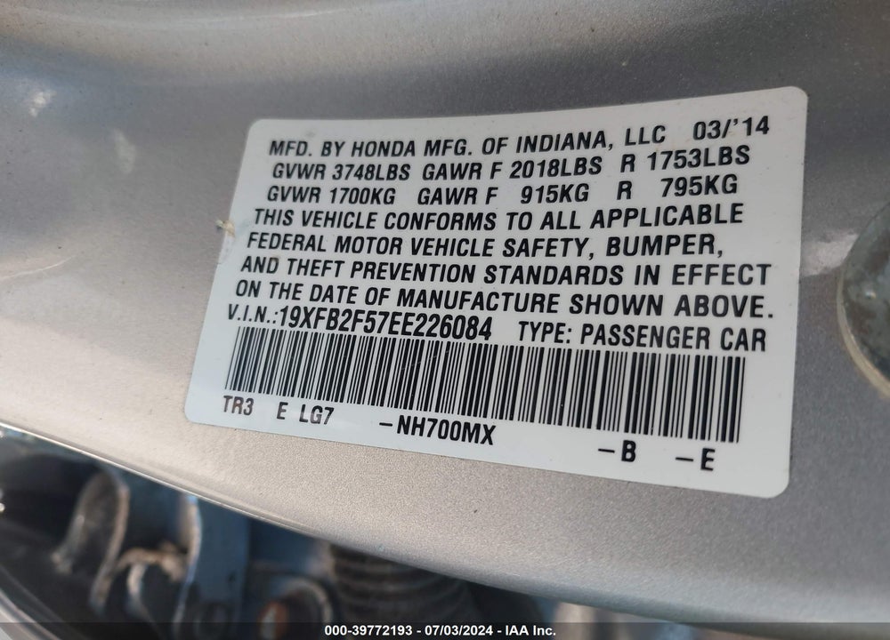 2014 HONDA CIVIC LX VIN: 19XFB2F57EE226084
