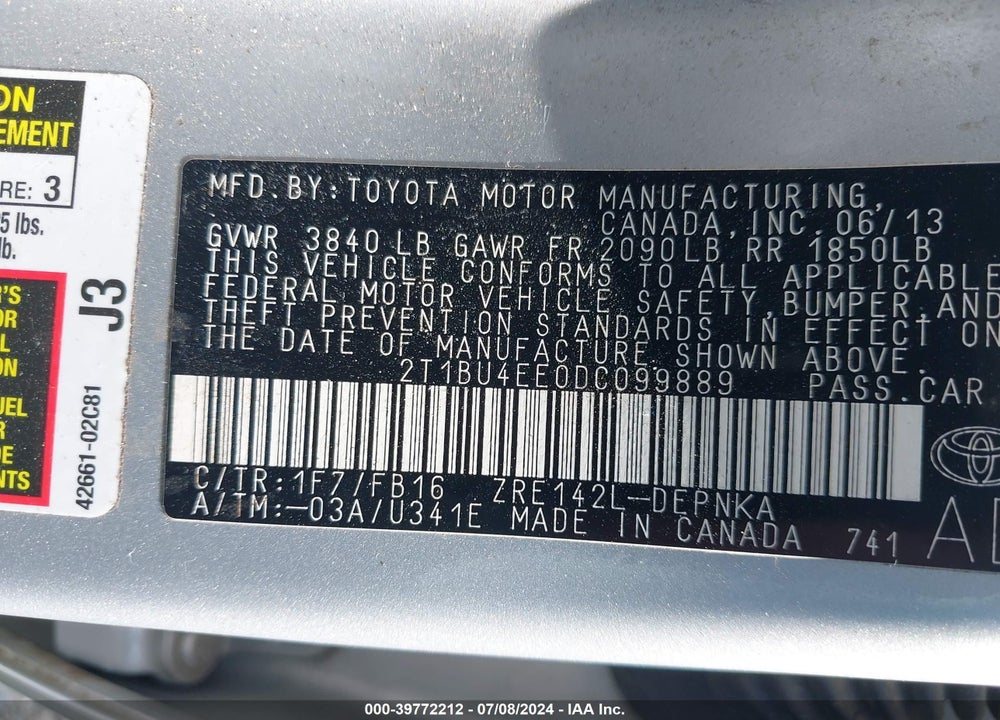 2013 TOYOTA COROLLA LE VIN: 2T1BU4EE0DC099889