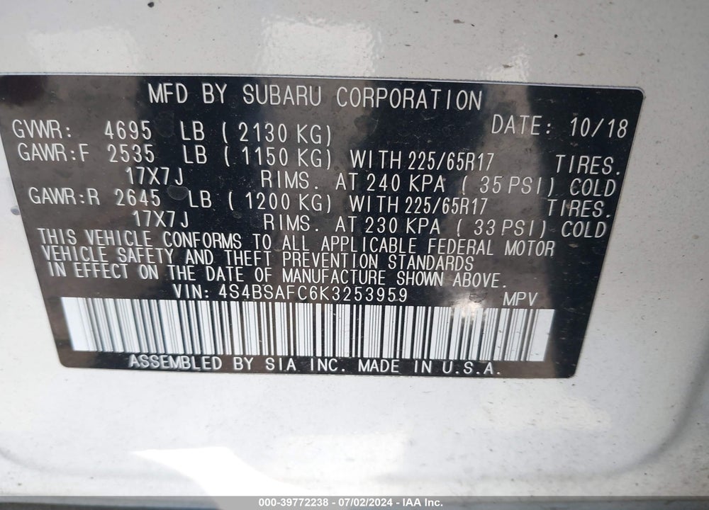 2019 SUBARU OUTBACK 2.5I PREMIUM VIN: 4S4BSAFC6K3253959