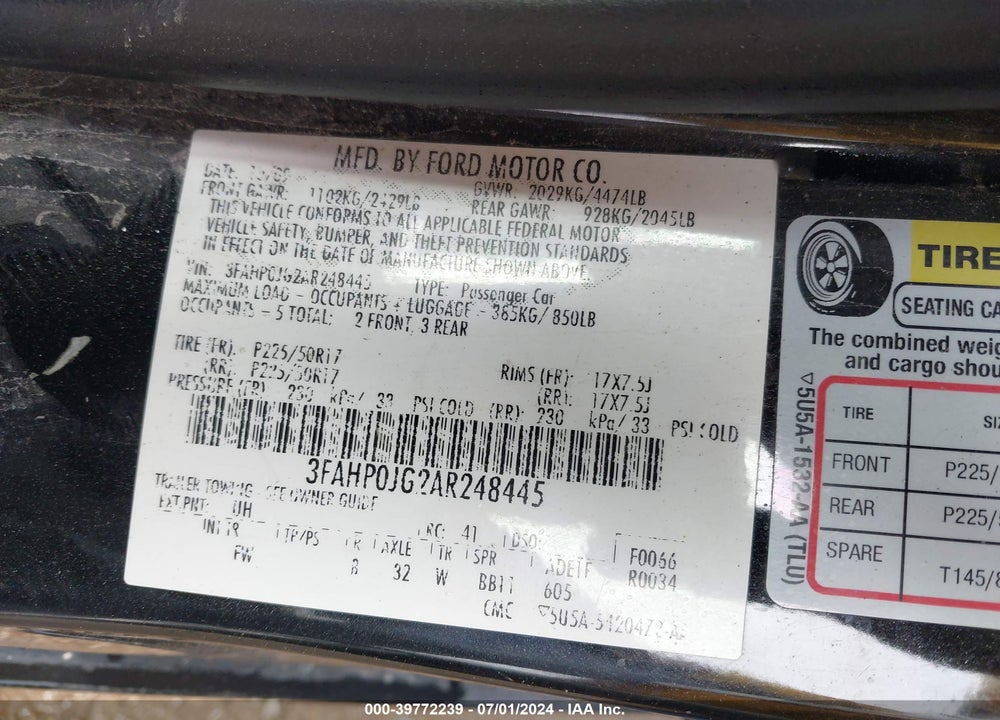 2010 FORD FUSION SEL VIN: 3FAHP0JG2AR248445