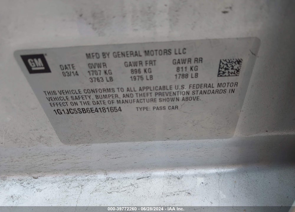 2014 CHEVROLET SONIC LT AUTO VIN: 1G1JC5SB6E4181654