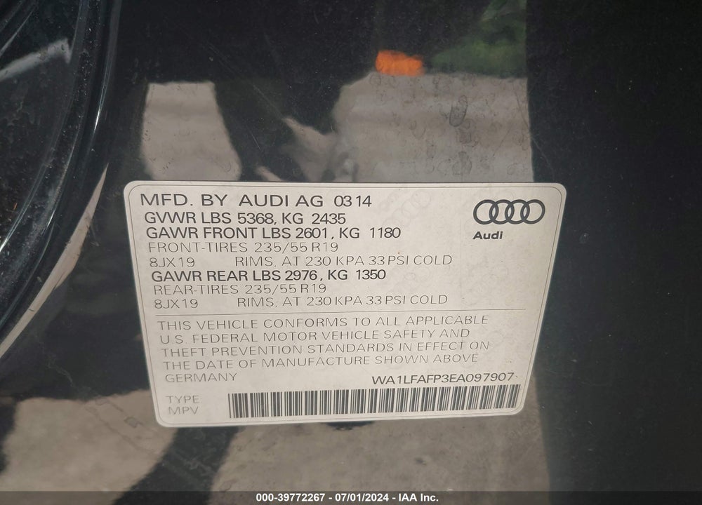 2014 AUDI Q5 2.0T PREMIUM VIN: WA1LFAFP3EA097907