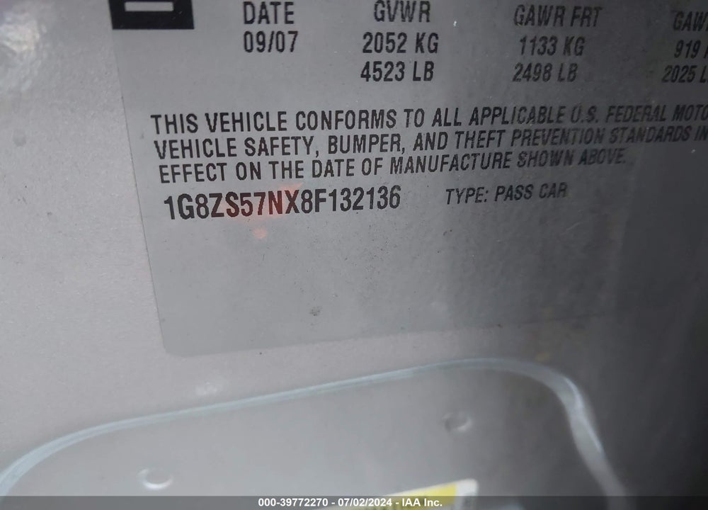 2008 SATURN AURA XE VIN: 1G8ZS57NX8F132136