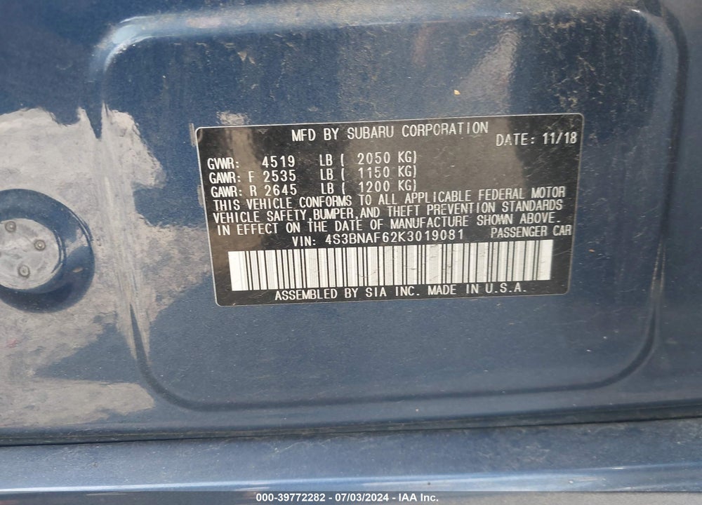 2019 SUBARU LEGACY 2.5I PREMIUM VIN: 4S3BNAF62K3019081