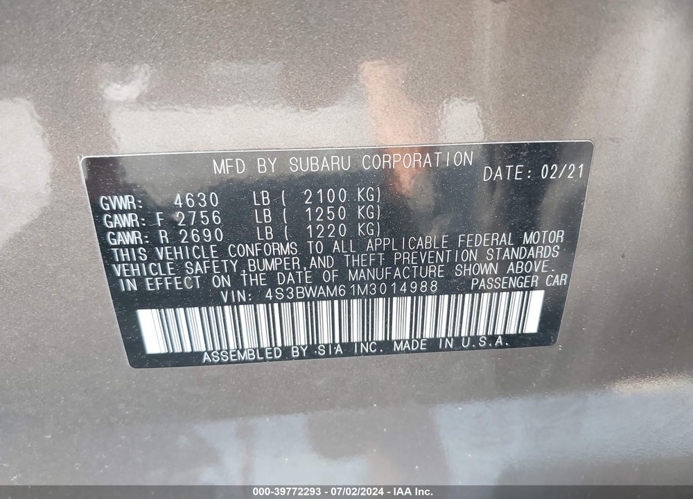 2021 SUBARU LEGACY LIMITED VIN: 4S3BWAM61M3014988