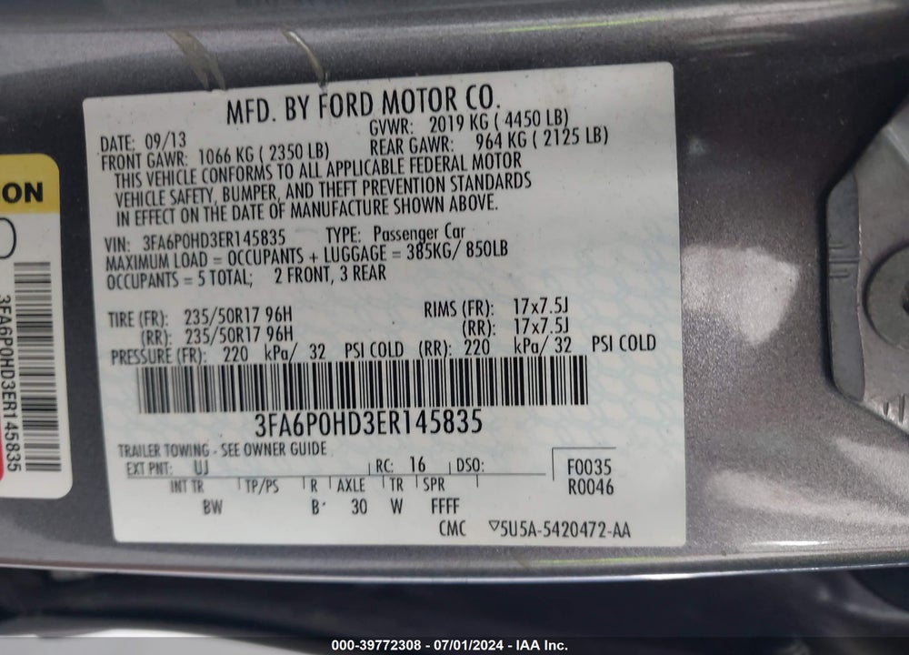 2014 FORD FUSION SE VIN: 3FA6P0HD3ER145835