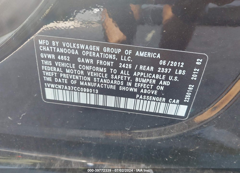 2012 VOLKSWAGEN PASSAT 2.0L TDI SEL PREMIUM VIN: 1VWCN7A37CC099013