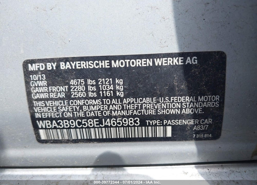 2014 BMW 335I VIN: WBA3B9C58EJ465983