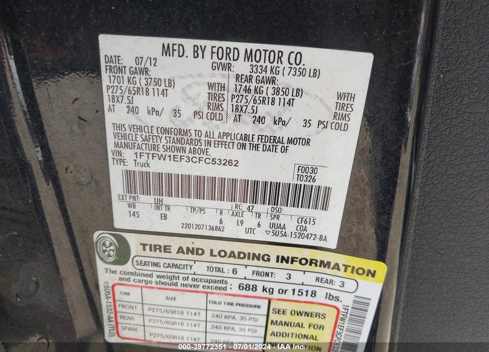 2012 FORD F-150 LARIAT VIN: 1FTFW1EF3CFC53262