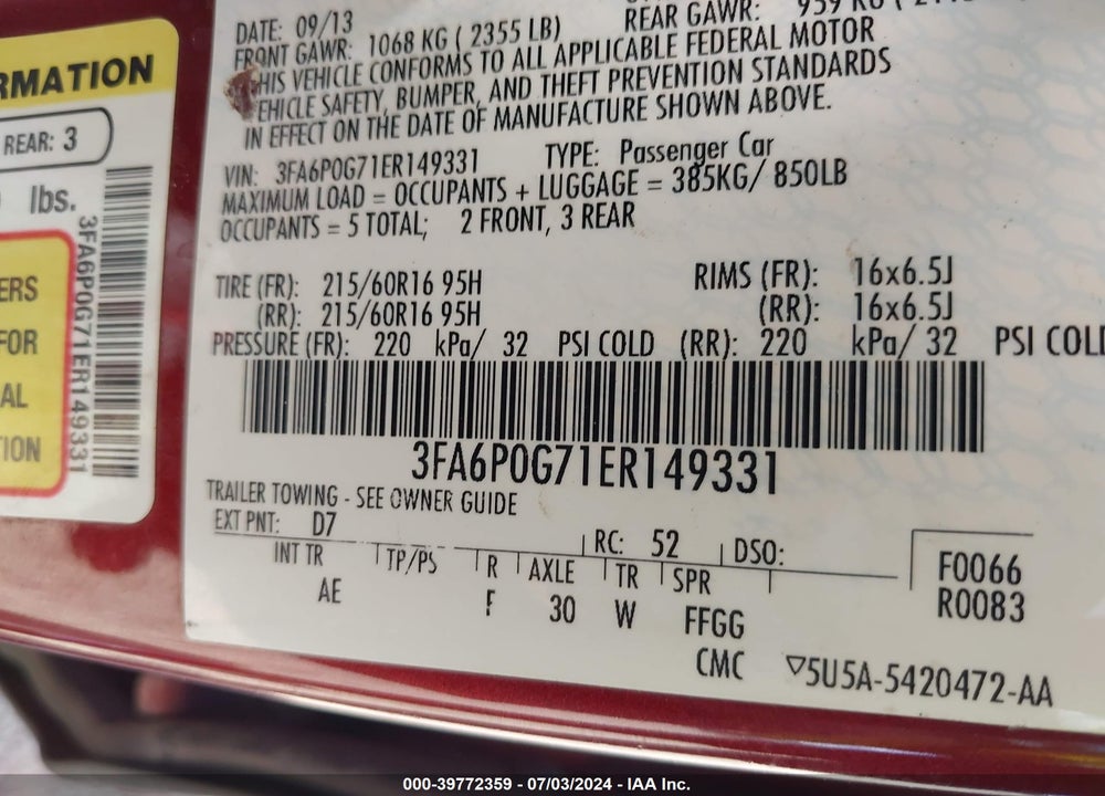 2014 FORD FUSION S VIN: 3FA6P0G71ER149331