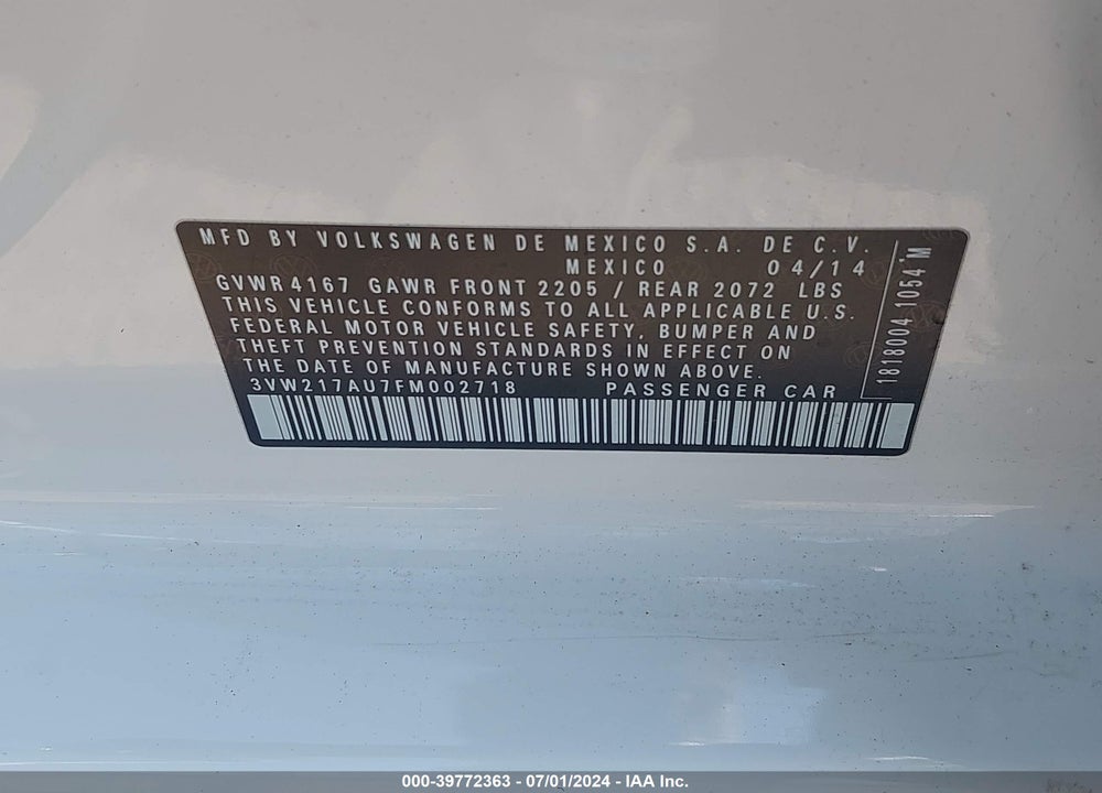 2015 VOLKSWAGEN GOLF TSI SEL 4-DOOR VIN: 3VW217AU7FM002718