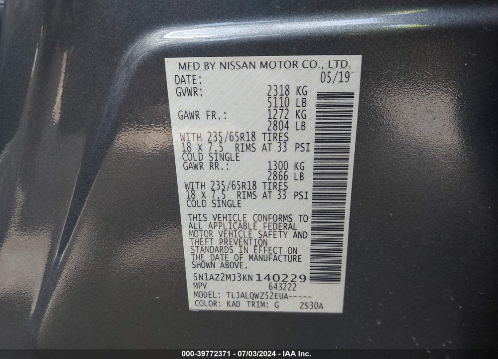 2019 NISSAN MURANO SV VIN: 5N1AZ2MJ3KN140229