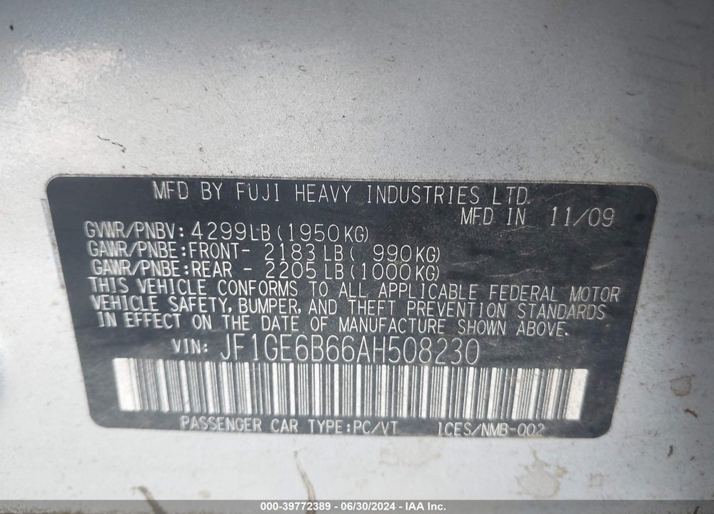 2010 SUBARU IMPREZA 2.5I PREMIUM VIN: JF1GE6B66AH508230
