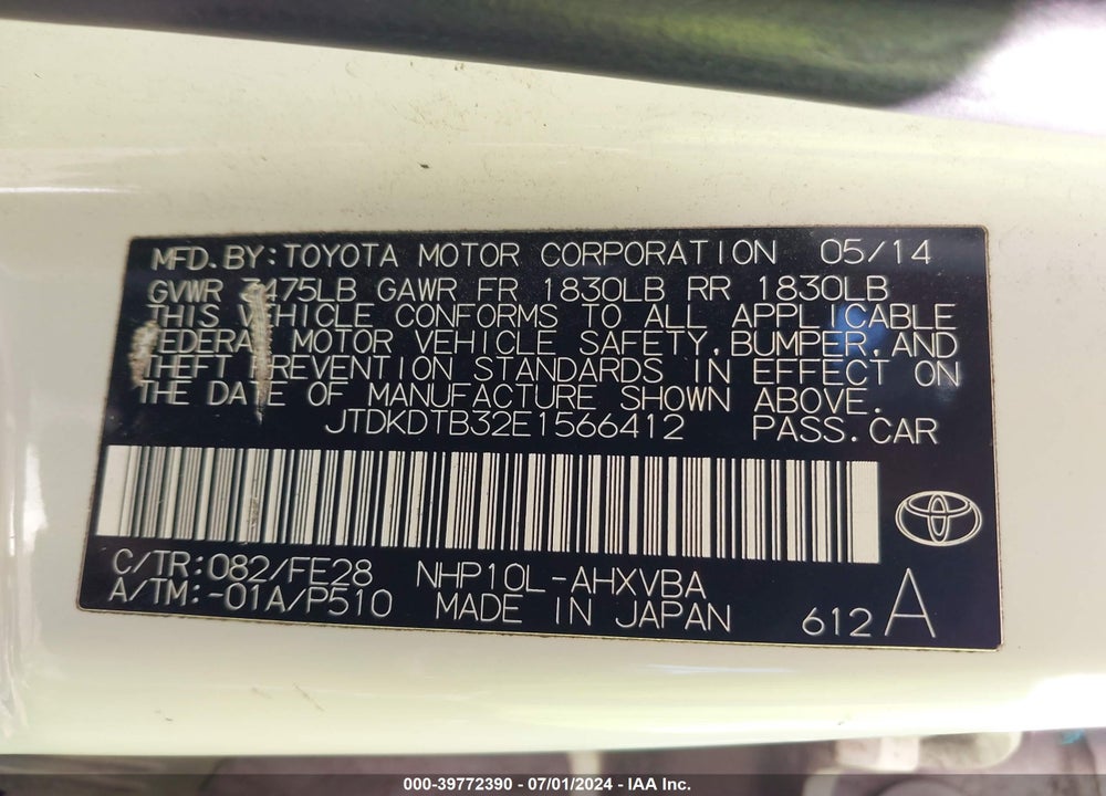 2014 TOYOTA PRIUS C ONE VIN: JTDKDTB32E1566412