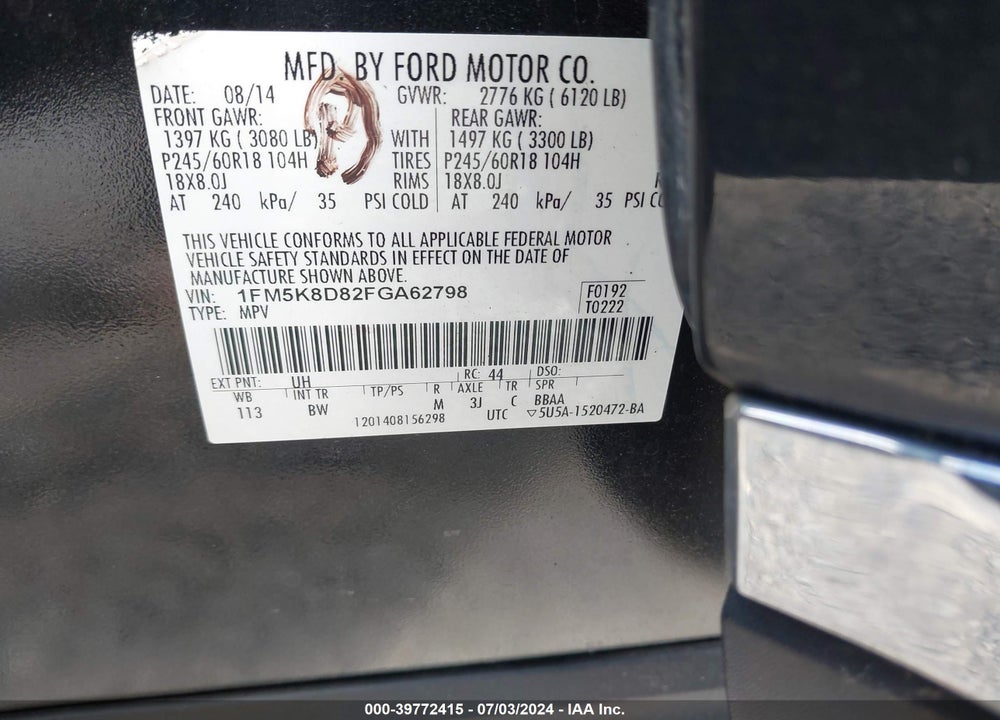 2015 FORD EXPLORER XLT VIN: 1FM5K8D82FGA62798
