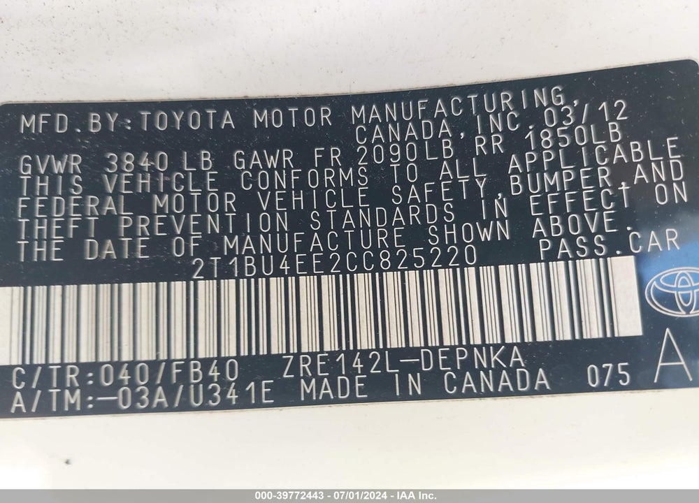 2012 TOYOTA COROLLA LE VIN: 2T1BU4EE2CC825220