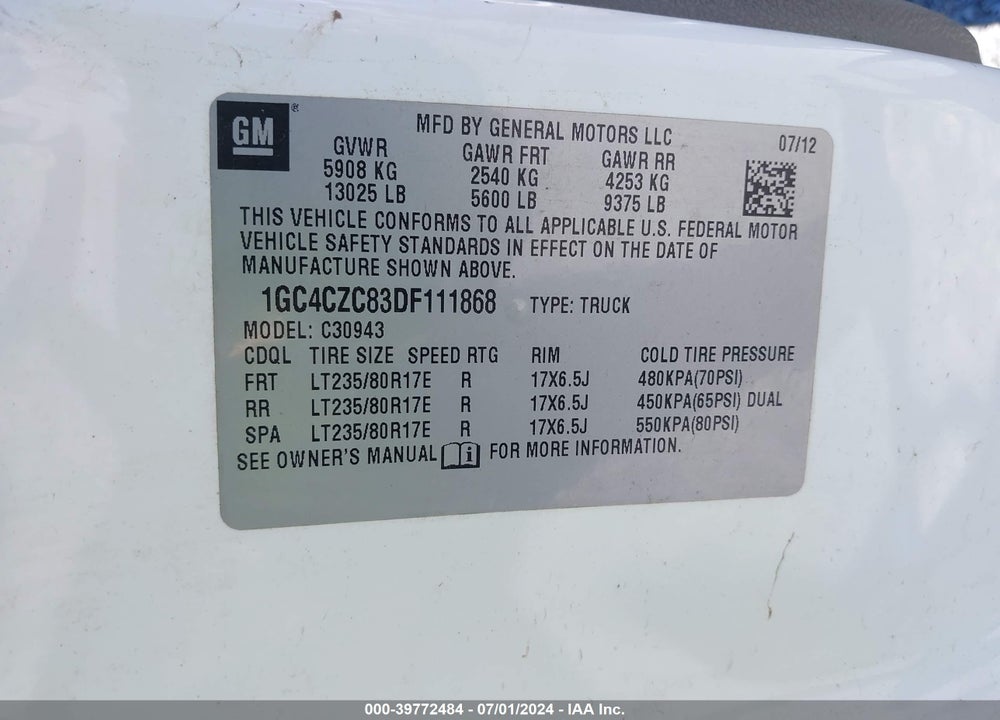 2013 CHEVROLET SILVERADO 3500HD WORK TRUCK VIN: 1GC4CZC83DF111868