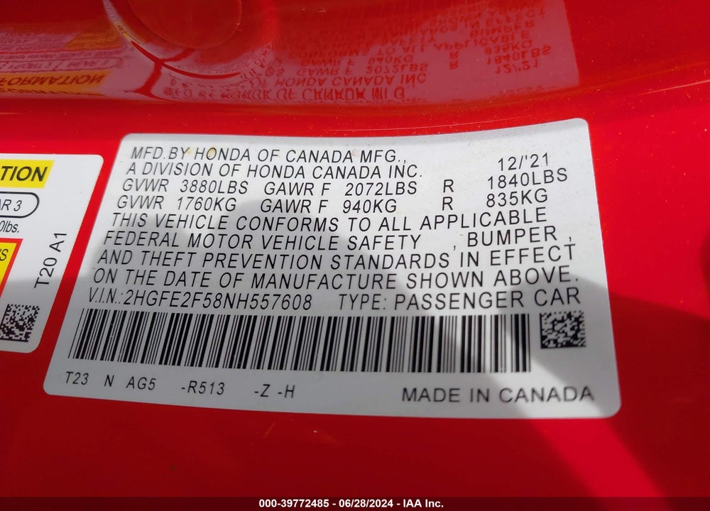 2022 HONDA CIVIC SPORT VIN: 2HGFE2F58NH557608