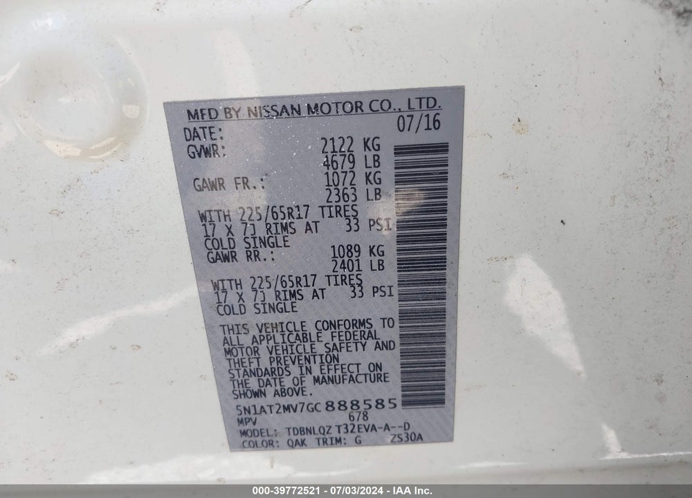 2016 NISSAN ROGUE SV VIN: 5N1AT2MV7GC888585
