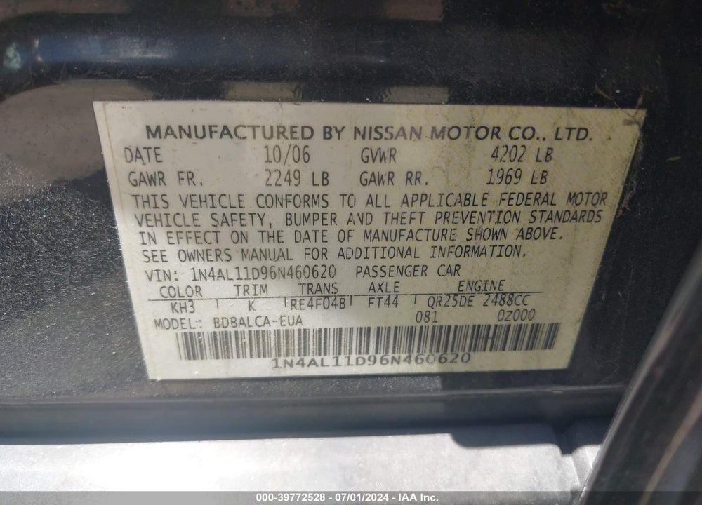 2006 NISSAN ALTIMA 2.5 S VIN: 1N4AL11D96N460620