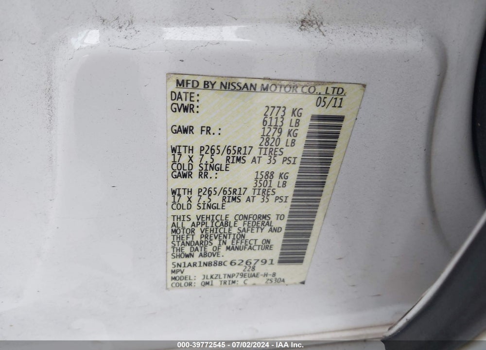 2011 NISSAN PATHFINDER SILVER VIN: 5N1AR1NB8BC626791