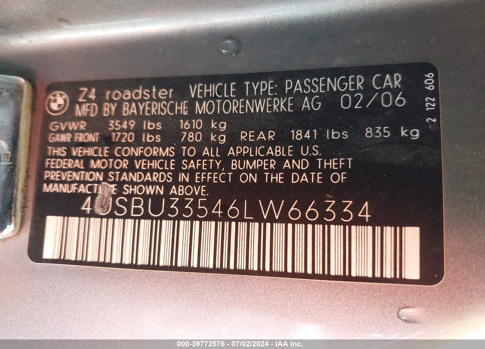 2006 BMW Z4 3.0I VIN: 4USBU33546LW66334
