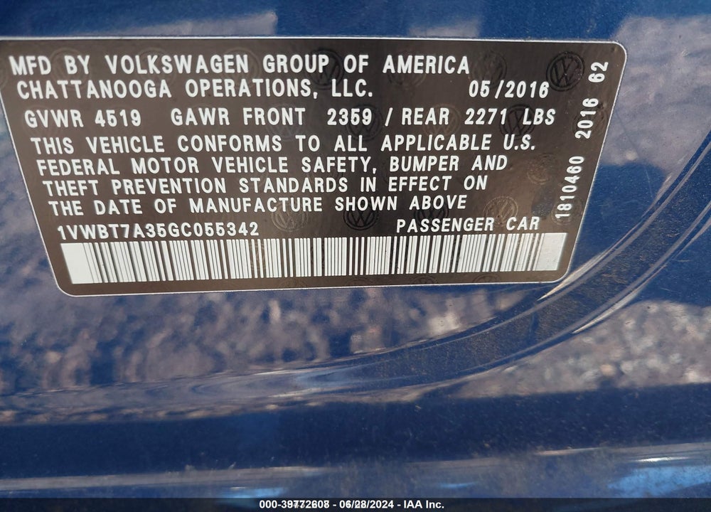 2016 VOLKSWAGEN PASSAT 1.8T SE VIN: 1VWBT7A35GC055342