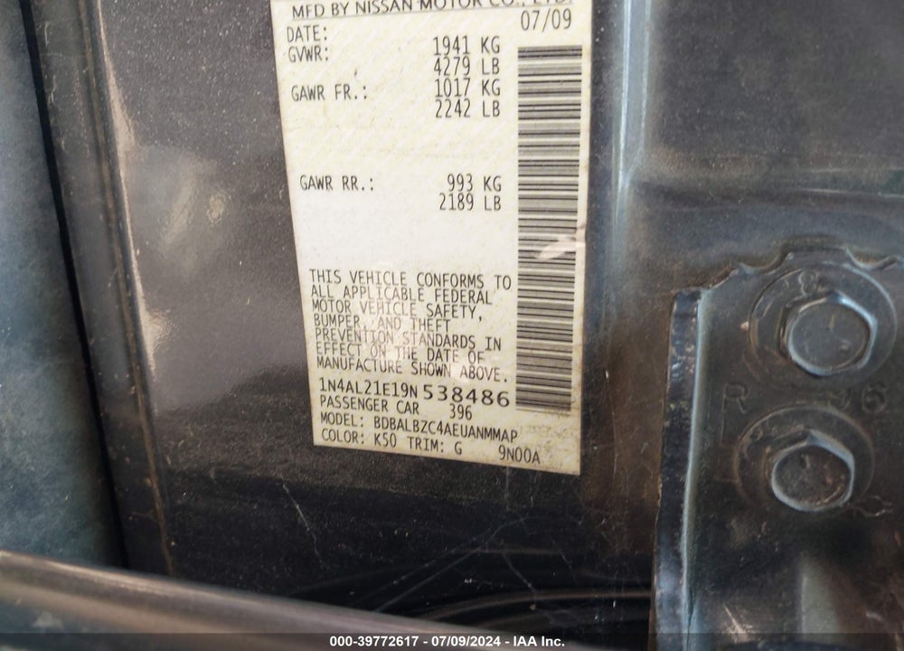 2009 NISSAN ALTIMA 2.5 S VIN: 1N4AL21E19N538486