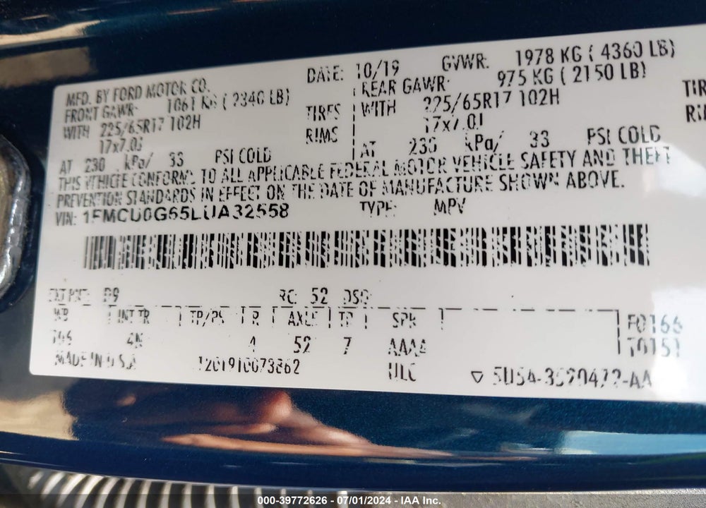 2020 FORD ESCAPE SE VIN: 1FMCU0G65LUA32558