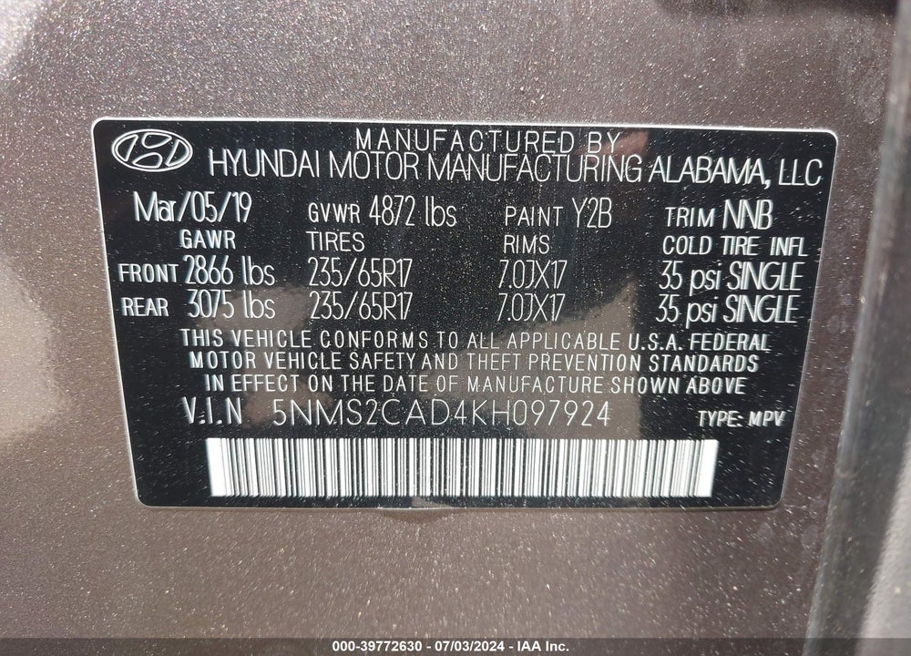 2019 HYUNDAI SANTA FE SE VIN: 5NMS2CAD4KH097924