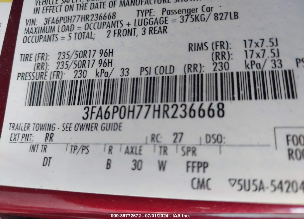 2017 FORD FUSION SE VIN: 3FA6P0H77HR236668