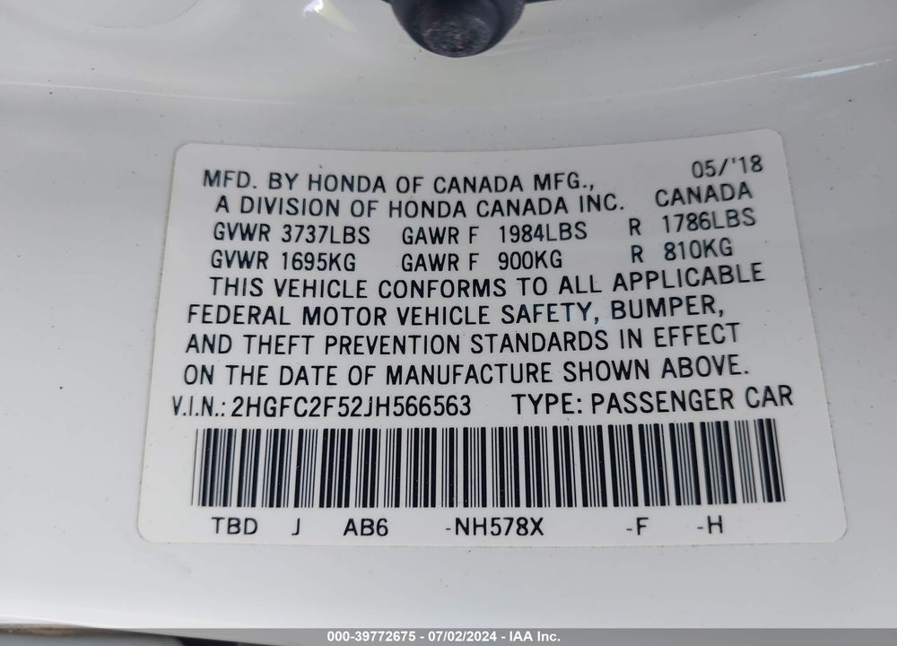 2018 HONDA CIVIC LX VIN: 2HGFC2F52JH566563