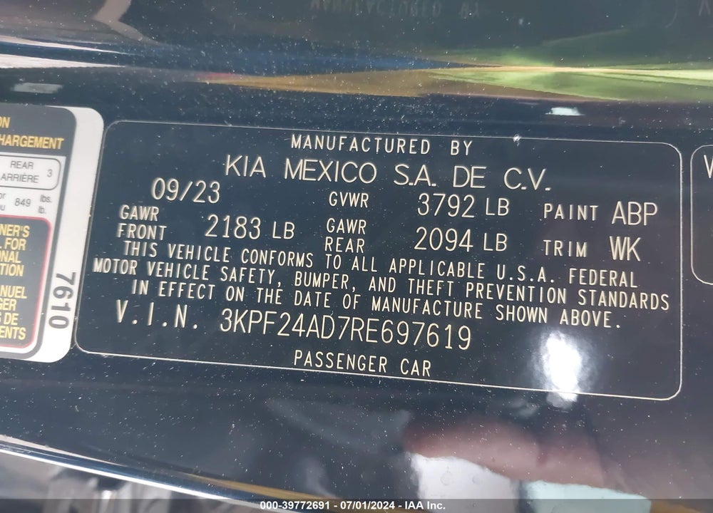 2024 KIA FORTE LXS VIN: 3KPF24AD7RE697619