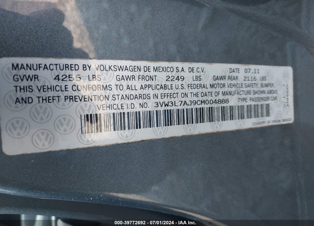 2012 VOLKSWAGEN JETTA 2.0L TDI VIN: 3VW3L7AJ9CM004888