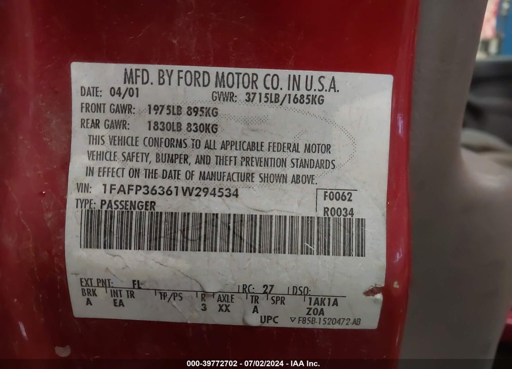 2001 FORD FOCUS SE/SE STREET EDITION VIN: 1FAFP36361W294534