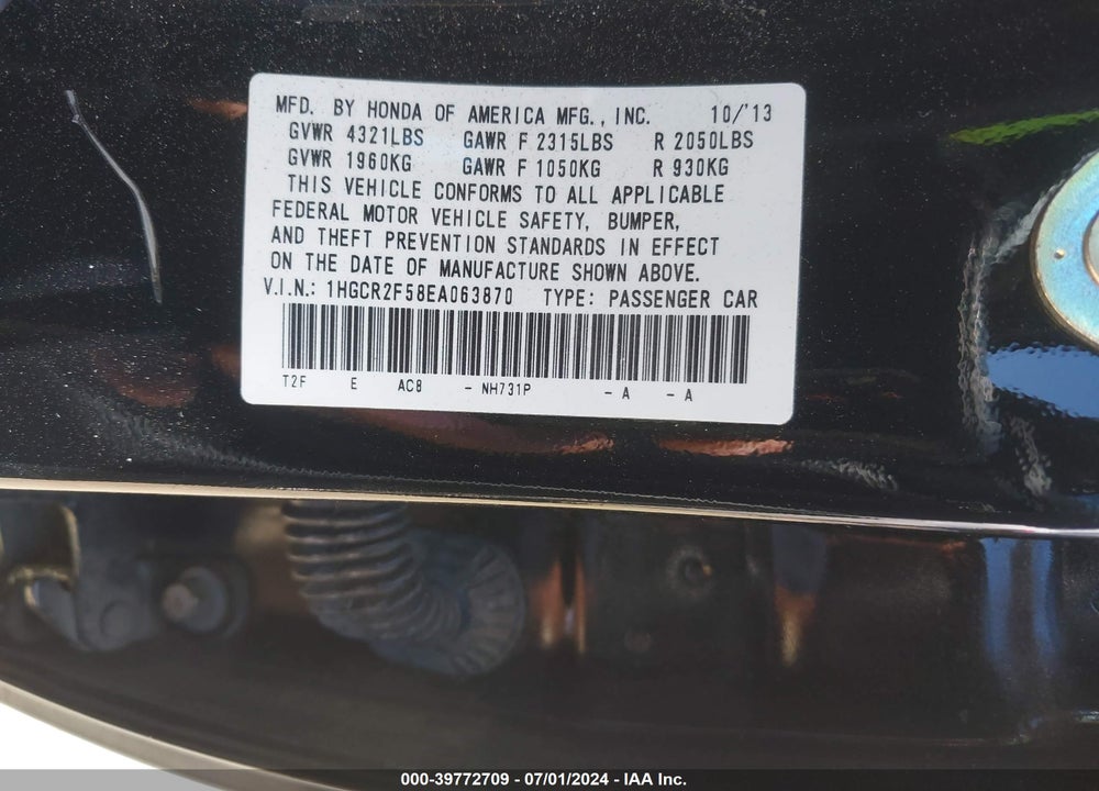 2014 HONDA ACCORD SPORT VIN: 1HGCR2F58EA063870