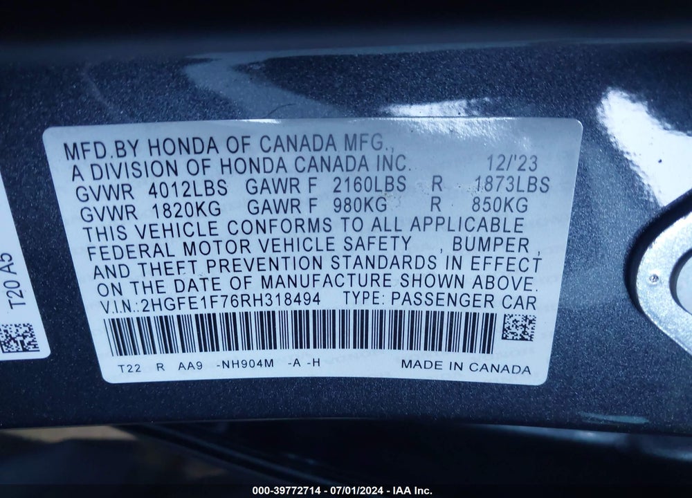 2024 HONDA CIVIC EX VIN: 2HGFE1F76RH318494