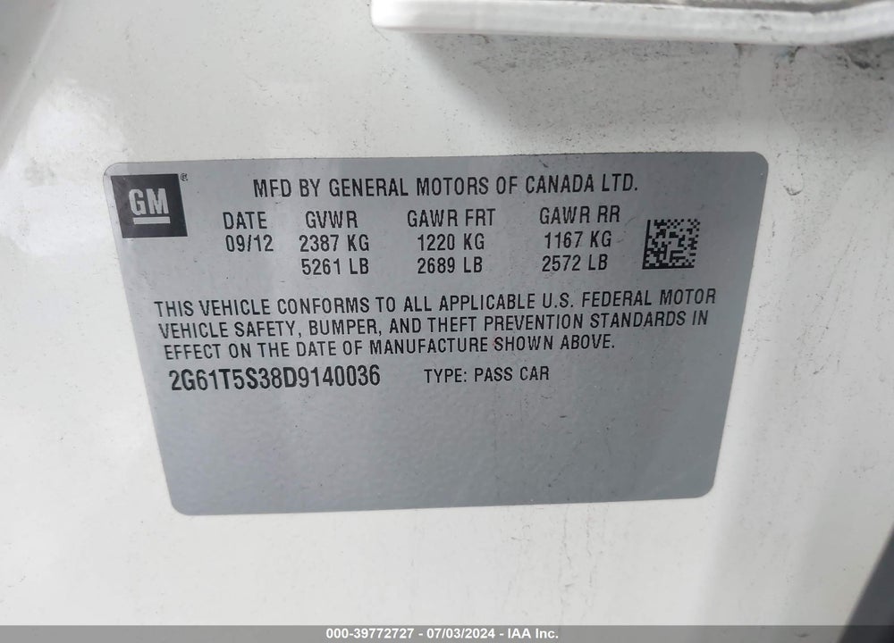 2013 CADILLAC XTS PREMIUM VIN: 2G61T5S38D9140036