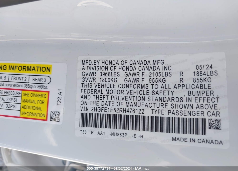 2024 HONDA CIVIC SI SEDAN VIN: 2HGFE1E52RH476122