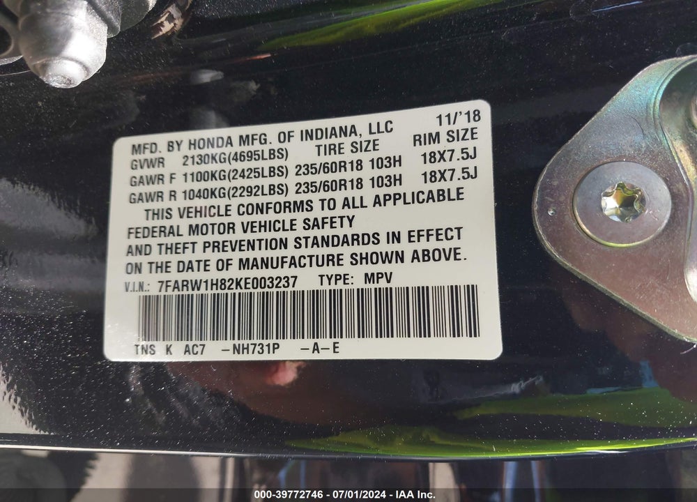 2019 HONDA CR-V EX-L VIN: 7FARW1H82KE003237