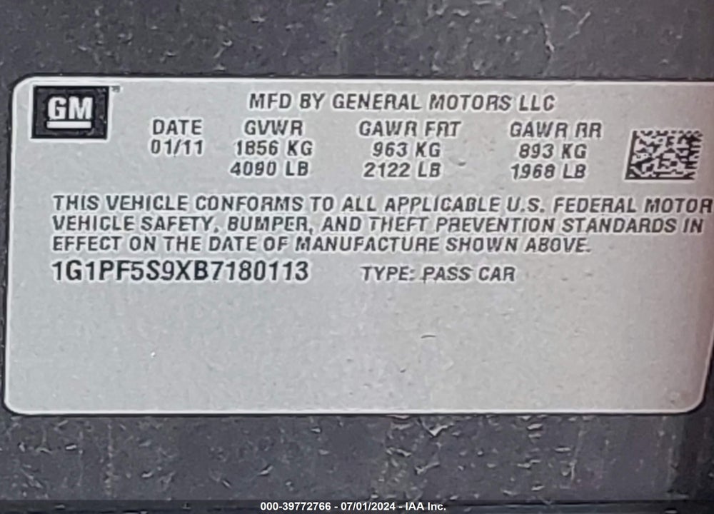 2011 CHEVROLET CRUZE 1LT VIN: 1G1PF5S9XB7180113