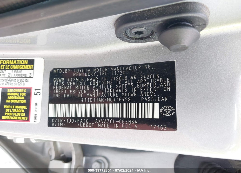 2021 TOYOTA CAMRY LE VIN: 4T1C11AK7MU416458