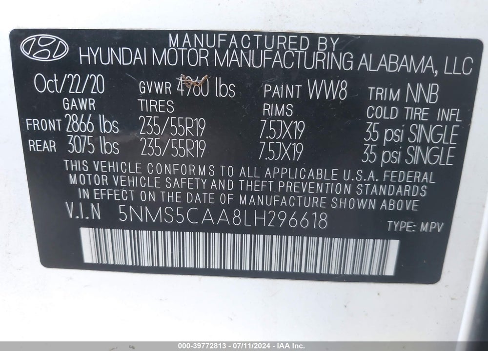 2020 HYUNDAI SANTA FE LIMITED 2.0T VIN: 5NMS5CAA8LH296618