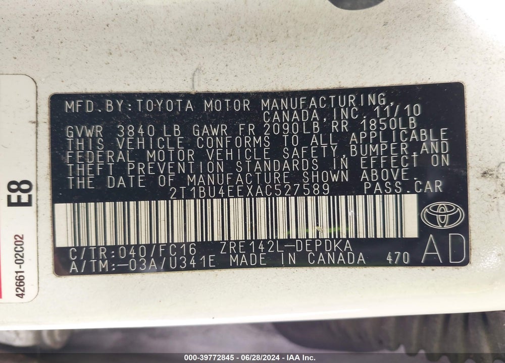 2010 TOYOTA COROLLA LE VIN: 2T1BU4EEXAC527589