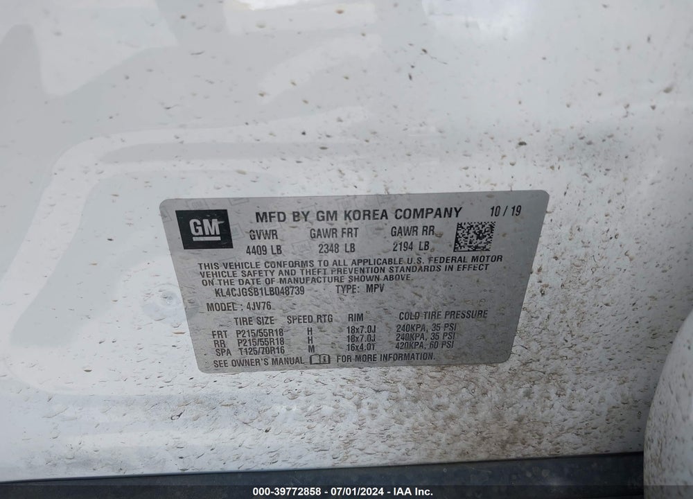 2020 BUICK ENCORE AWD ESSENCE VIN: KL4CJGSB1LB048739